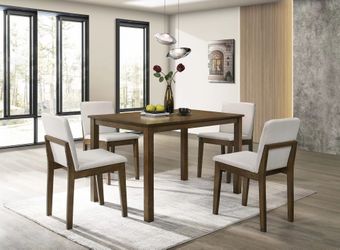 Brand new oak or white dining table (47"W x 29.5"L x 29.5"H) + 4 biege linen chairs