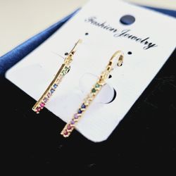 18K Gold Plated 1.25" Multi-Colored Gemstone Hooped Closure Dangle Drop Earrings Women's Ladies Girl's. New. Opened only for photographing. Makes a gr