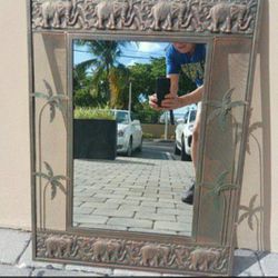 Gorgeous Large Brass Mirror Elephants And Palm Motif