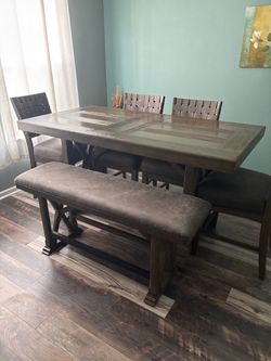 Dark Wood Dining Table Set with Bench-$650 OBO