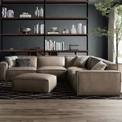BRAND NEW - Castlery - Jonathan Leather L-Shape Sectional with Ottoman in Warm Taupe leather. Factory Sealed.