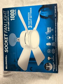 Brand-new Bell+Howell Socket Fan Light in its original box. This convenient 2-in-1 ceiling fan and LED light screws directly into a standard E26 light