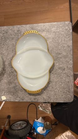 Anchor Hocking Vintage Fire King Milk Glass Divided Serving Dish White Gold