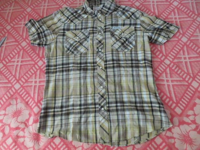 True Religion  Pearl Snap Rocky Western Shirt Plaid Cotton Short Sleeve Shirt XL