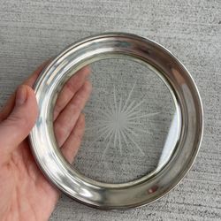 Vintage Sterling Silver Wine Bottle Coaster Starburst Glass Insert 5” Round