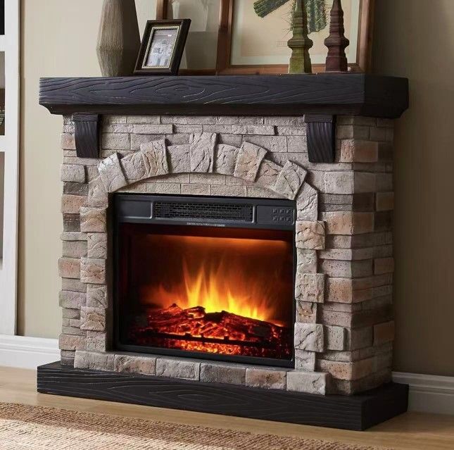Electric Fireplace with Mantel, 40”W Faux-Stone Fireplace Mantel, Tall Fire Place Freestanding with Brightness & Temperature LED Flame for Living Room