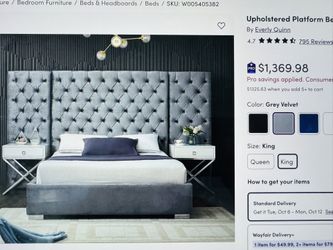 Luxury King Size Grey Velvet Platform Bed