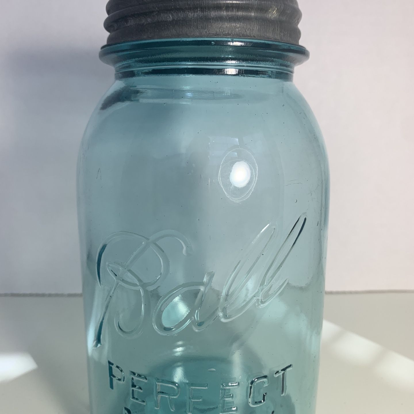 Early #7 Ball Perfect Mason Blue Quart Canning Jar w/Zinc Lid
