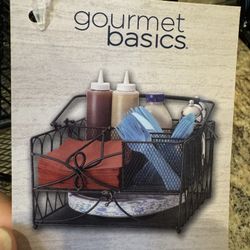 New Gourmet Basics By Mikasa Metal Loop Kitchen Picnic Caddy Holder Organizer With Handles For Paper Plate, Utensils, Cups, Bowls, Condiment 