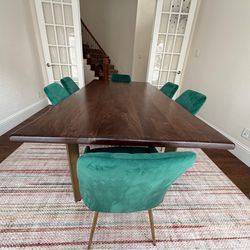 Nebraska Furniture Mart Modern Dining Table and 6 Green Velvet Chairs. 7-Piece Dining Set