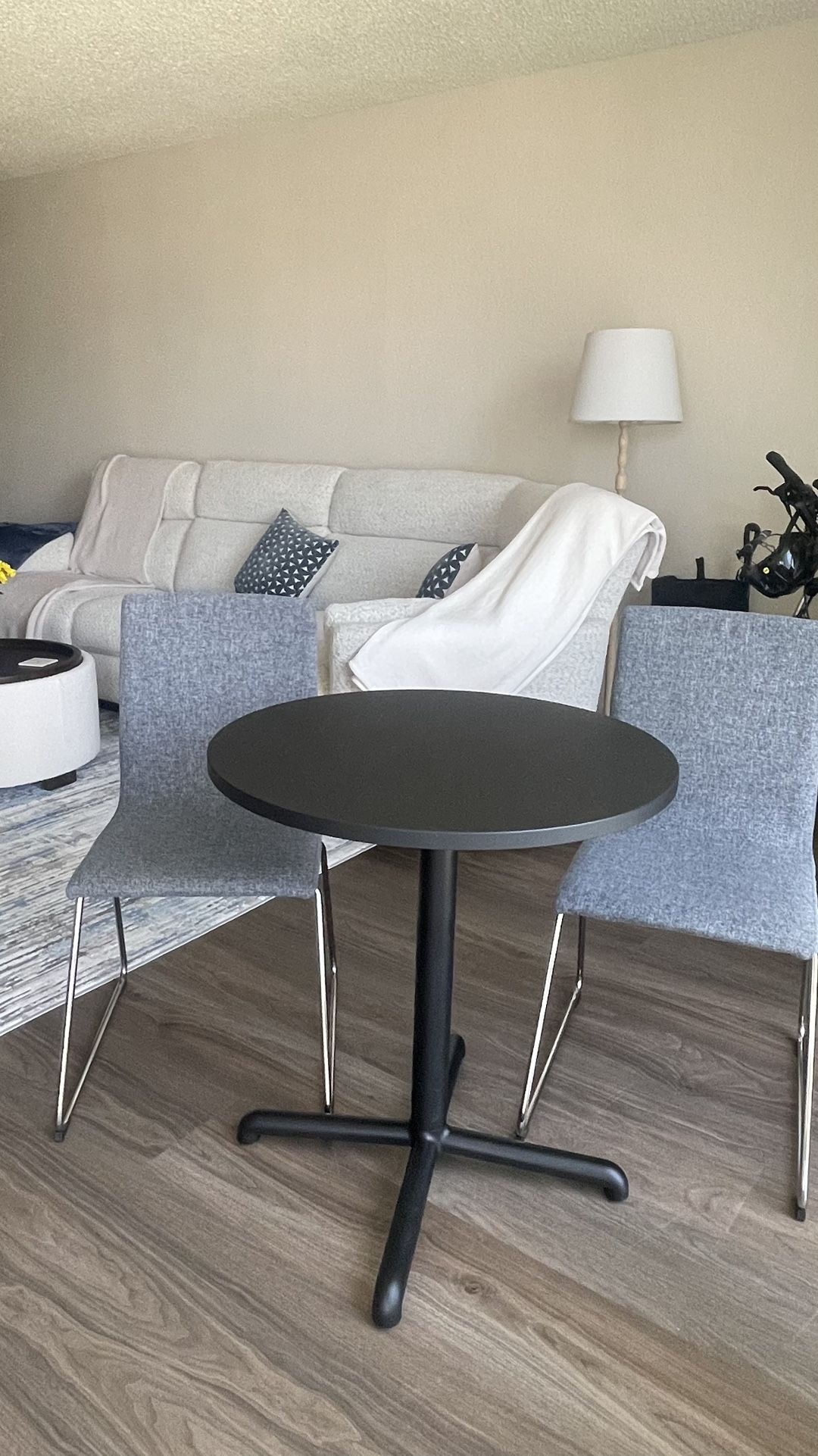 Ikea Black Round Table and 2 Dark Grey chairs