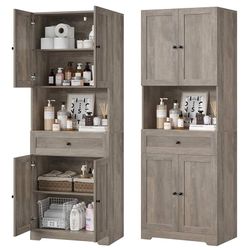 Tall Bathroom Storage Cabinets, Farmhouse Linen Cabinet with 4 Doors & Wide Shelves & Drawer, 67” Tall Storage Cabinet Freestanding for Bathroom, Dini