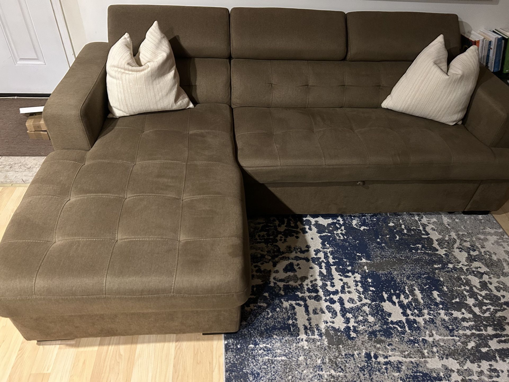 Pullout Sofa / Couch with Storage big floor rug  – Great Condition and side black night stand