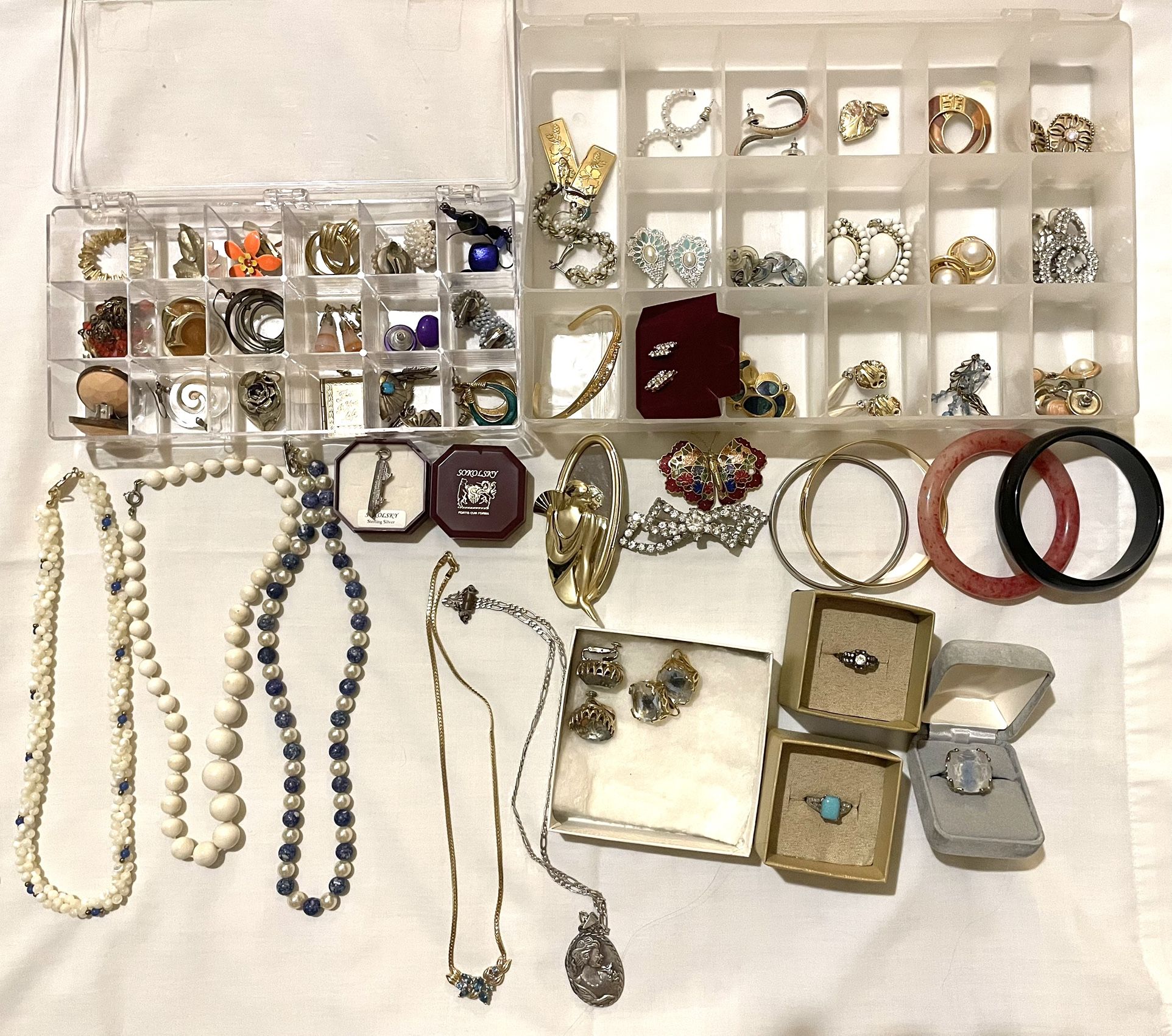 55 Lot Vintage Jewelry Collection- 14kt made in Italy Gold necklace, Sterling Silver charm, 925 Sterling ring, 14kt RGP ring, bangles, brooches