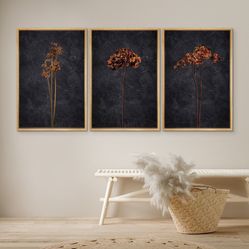24x36” 3 Piece Framed Canvas Art Print Set Dark Orange Wildflower Moody Home Decor