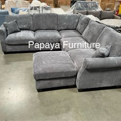 New! Comfy Plush Sectional Couch, Sectional And Ottoman, Grey Sofa, Gray Couch, Corduroy Sectional, L-Shaped Sofa, Living Room Sofa Set, Plush Couch