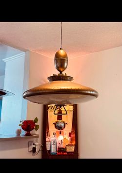 Vintage MCM UFO Pull-Down Pendant Light – 18” Atomic Saucer