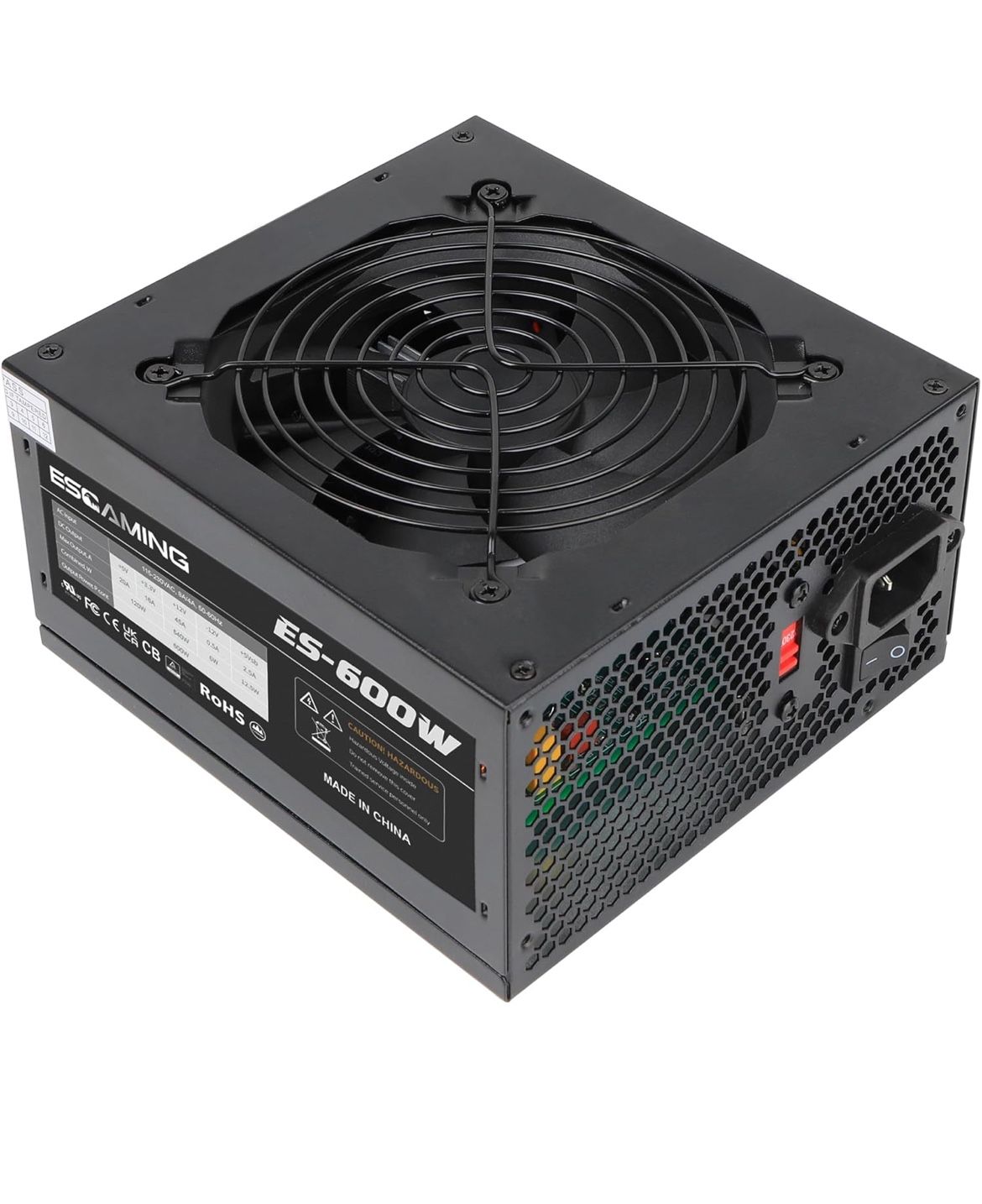 ESGAMING 600W ATX Power Supply with Auto-Thermally Controlled 120mm Fan ATX Gaming Power Supply PSU
