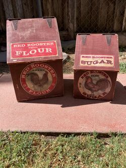 Vintage Red Rooster wood flour& sugar bins