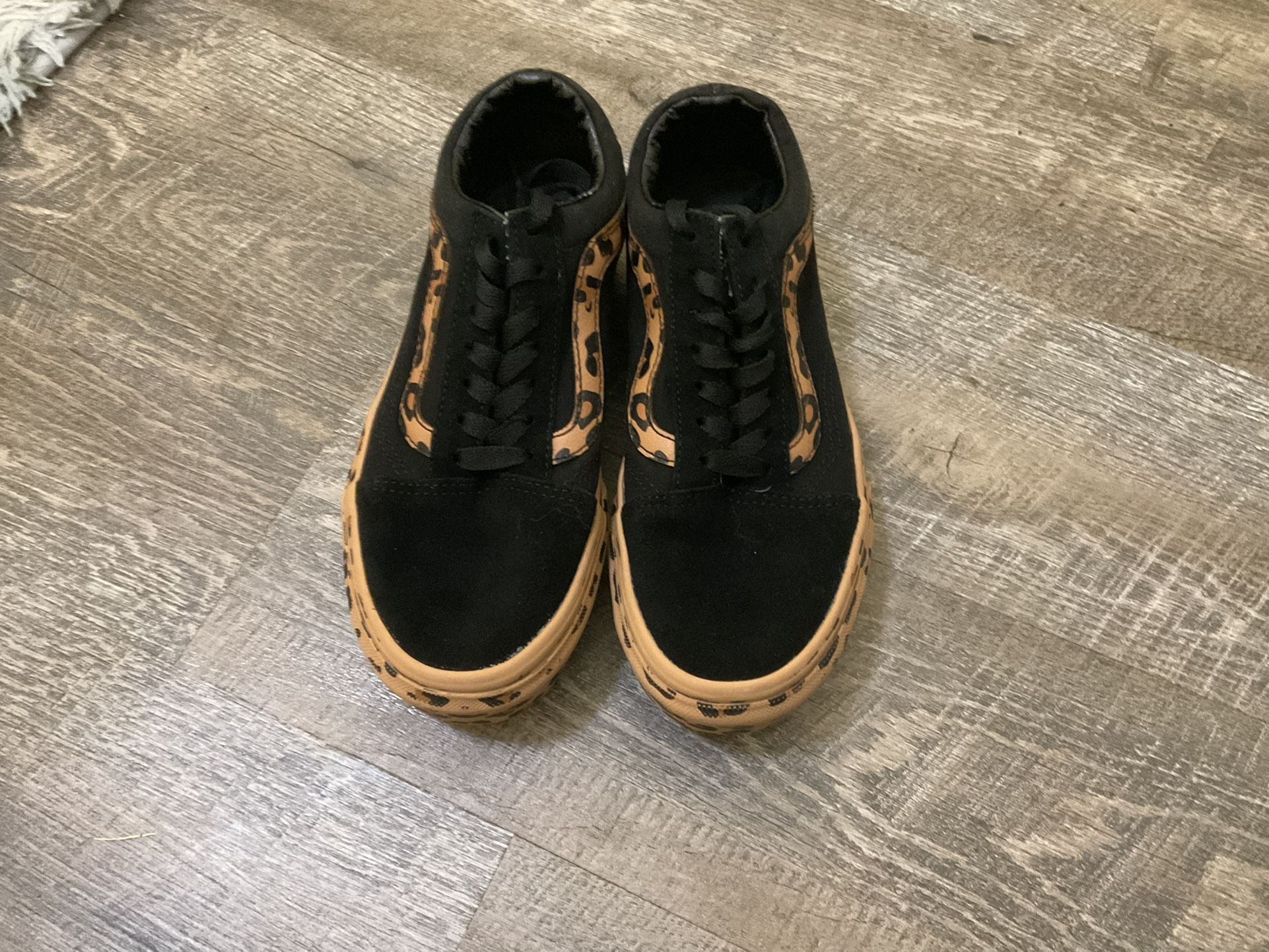 Vans Old Skool Platform Black Brown Leopard Print Trim Shoes