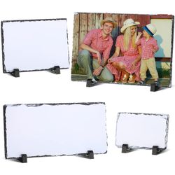 4 Pcs Sublimation Blank Slate Rock Rectangular Custom Stone Slate Picture Frame Matte Heat Transfer Rock Photo Plaque With Display Stand For Desktop S