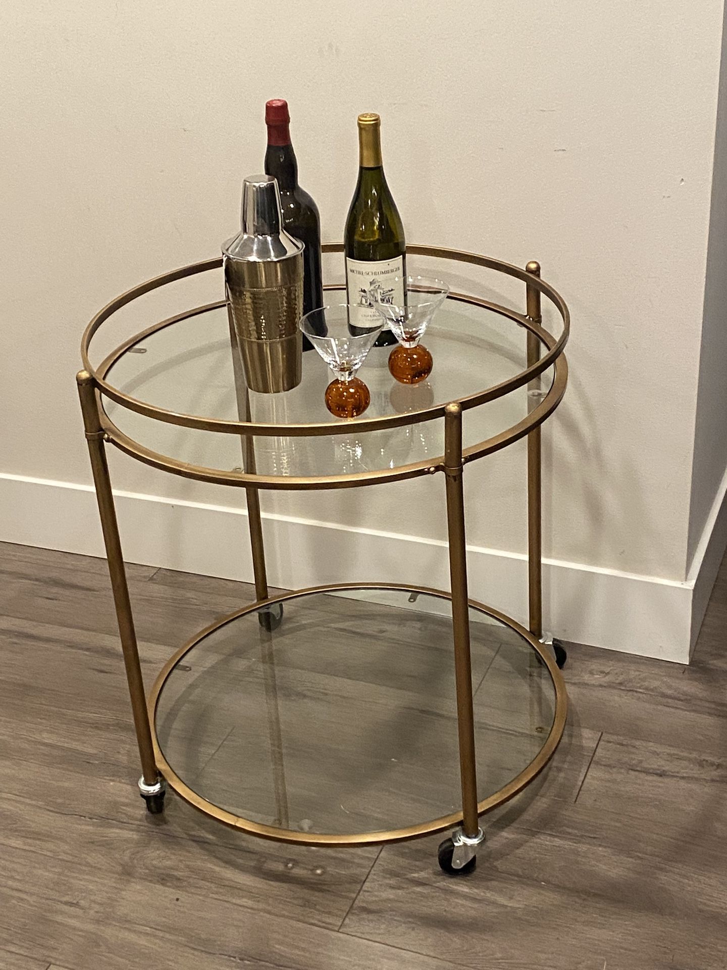 2 Tiers Gold Rolling Bar Cart With Glass Shelves 24” In Diameter H26”