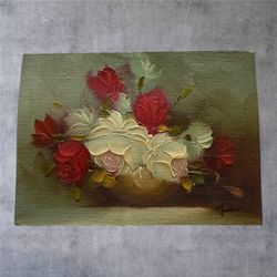 Vintage Impasto Oil Painting Roses Signed MCM Floral Textured Art 7x5 Cottagecore 