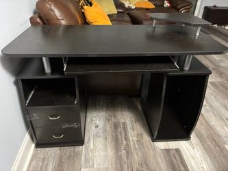 Black Computer Desk with Drawers and Monitor Shelf