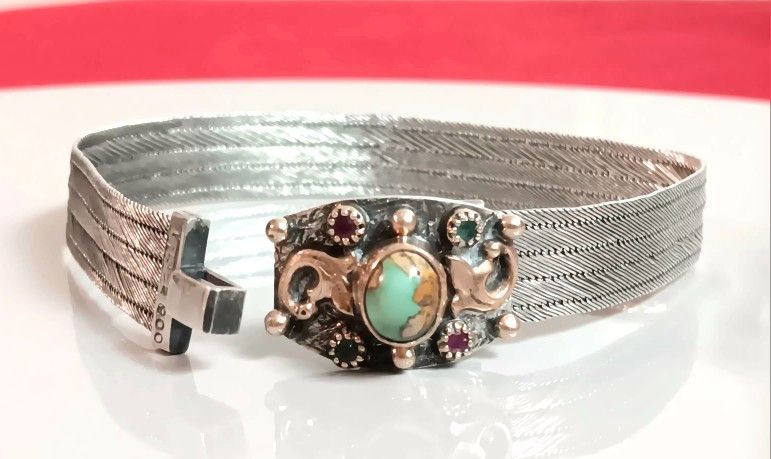 Vintage/Antique URSEL 900 Silver Woven Mesh Turquoise Turkish Bracelet. (Brasalete de Plata)