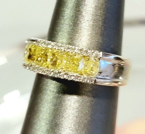 7-Stone Heavy 18K WG 2.23ctw VS/F & SI Fancy Intense Yellow Cushion diamond band Appraised @ $11,525