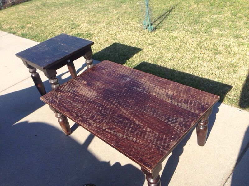 World market wood hand scraped walnut coffee and end table