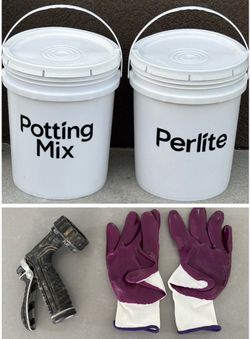 5 gallon empty Perlite + Potting Mix storage buckets w/lids + garden supplies