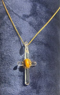 Clear Crystal Cross Pendant Necklace with Tiger's Eye
