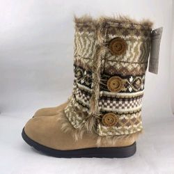MUK LUKS Womens REVERSIBLE Andrea Knit Faux Fur Winter BOOTS Camel Size 9