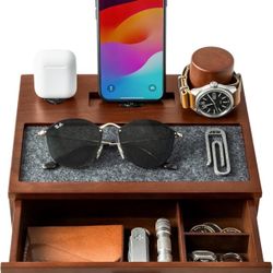 Holme & Hadfield Premium Wooden Phone Docking Station with Drawer – Nightstand Organizer for Charging Phone & Earbuds – Declutter Your Space with Felt