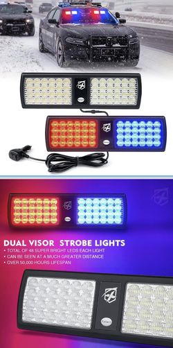 Red Blue 2-in-1 96LED High Brightness Visor Strobe Lights - 23 Flash Patterns w/Take Down, Nylon Strap Installation for Windshield Trucks & SUVs