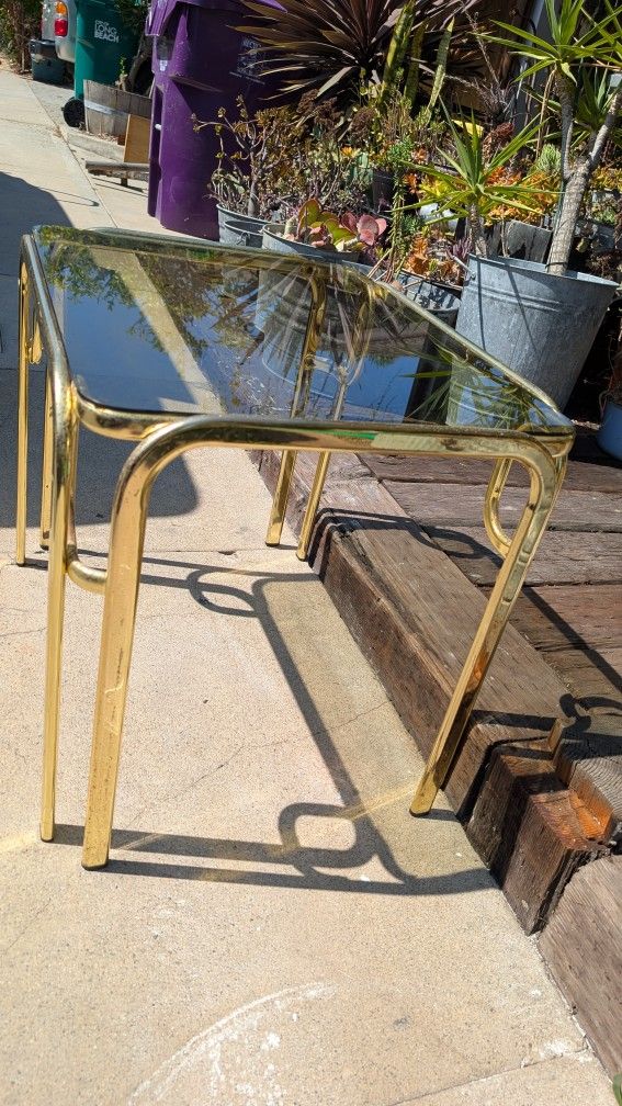 1) Vintage Morex Side Table Gold Tone Please Read Smoked Glass Tabletop Retro Postmodern