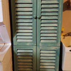 Vintage-Style Distressed Green Louvered Storage Cabinet