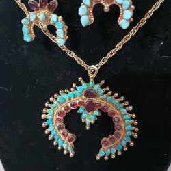 Turquoise And Garnet Vintage Necklace Earrings