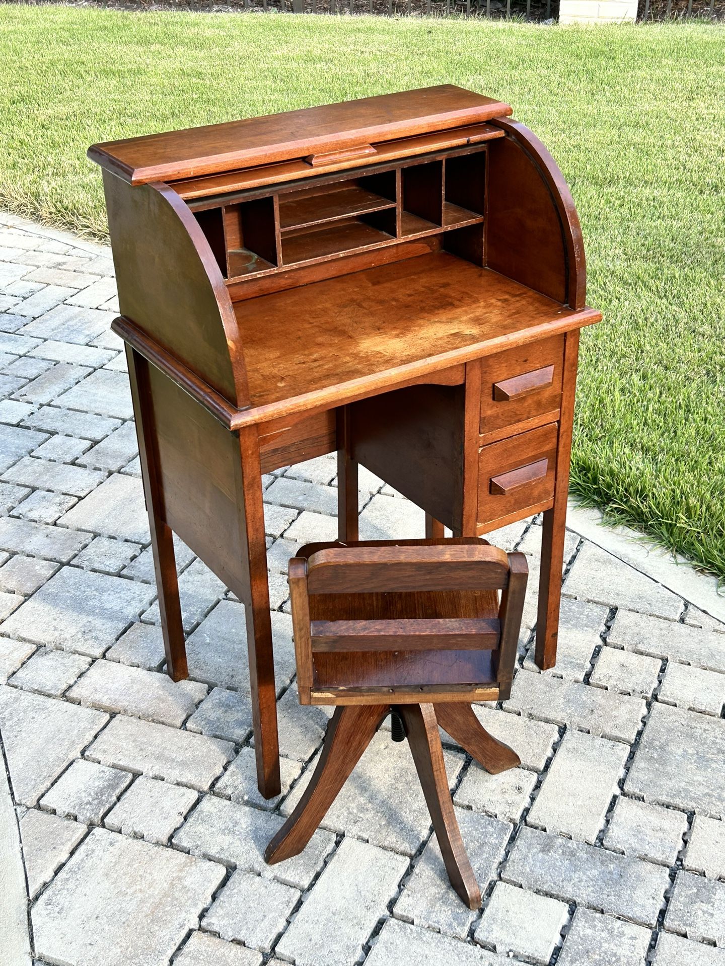 Vintage Children's Roll Top Desk & Chair