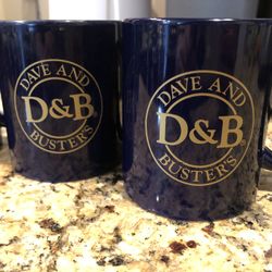 Vintage Dave and Buster's Blue Mugs, Set of 4