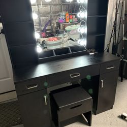 Black Vanity With Lights And Storage Bench