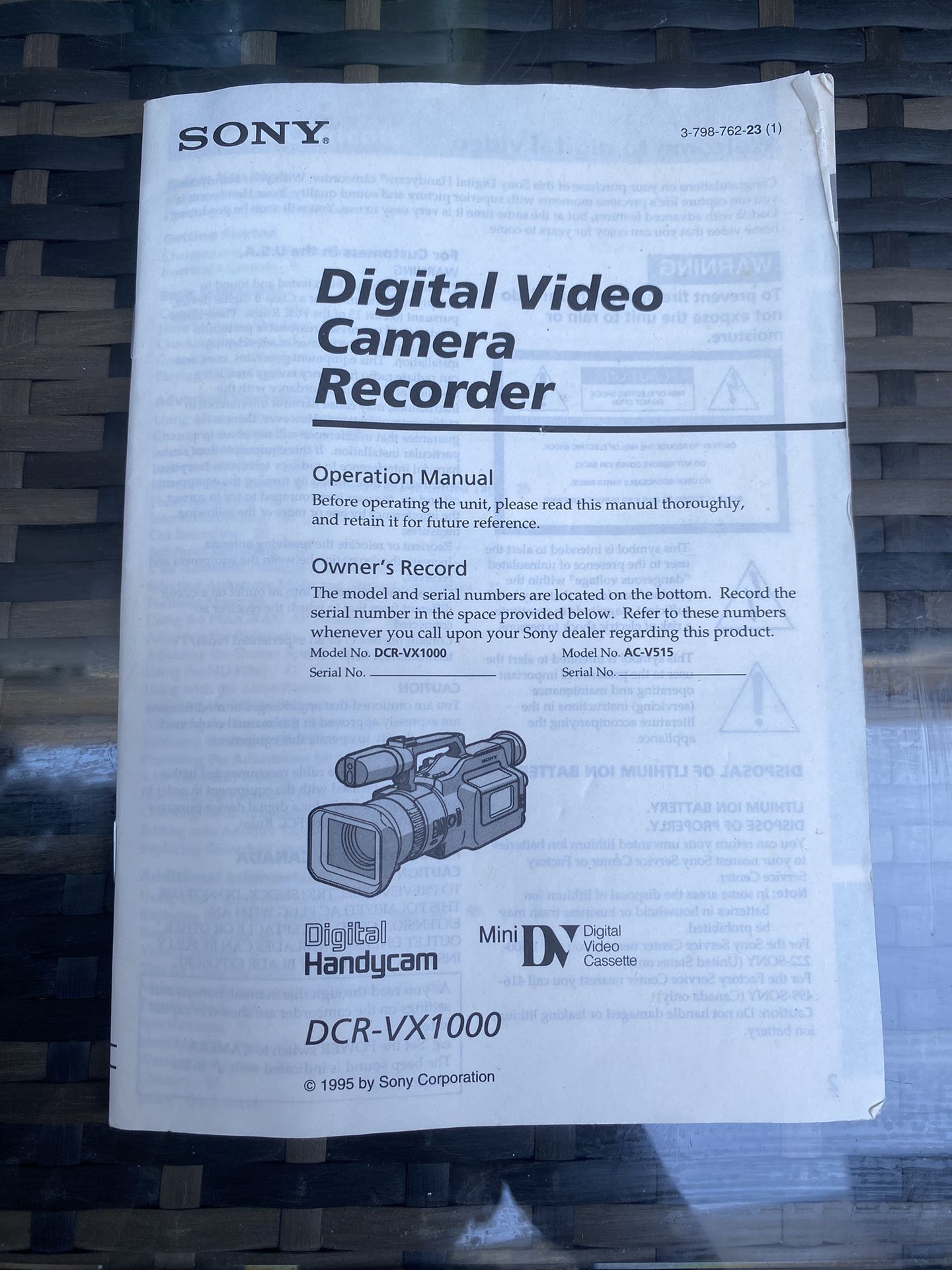 Original operation manual for Sony DCR-VX1000 Digital Video Camera Recorder Vintage