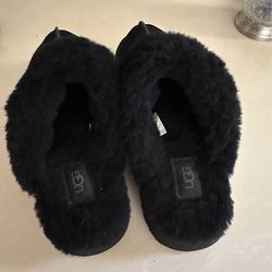 UGG DISQUETTE BLACK SUEDE FUR CUFF SLIDE PLATFORM SLIPPER SHOES SIZE 8 WOMEN