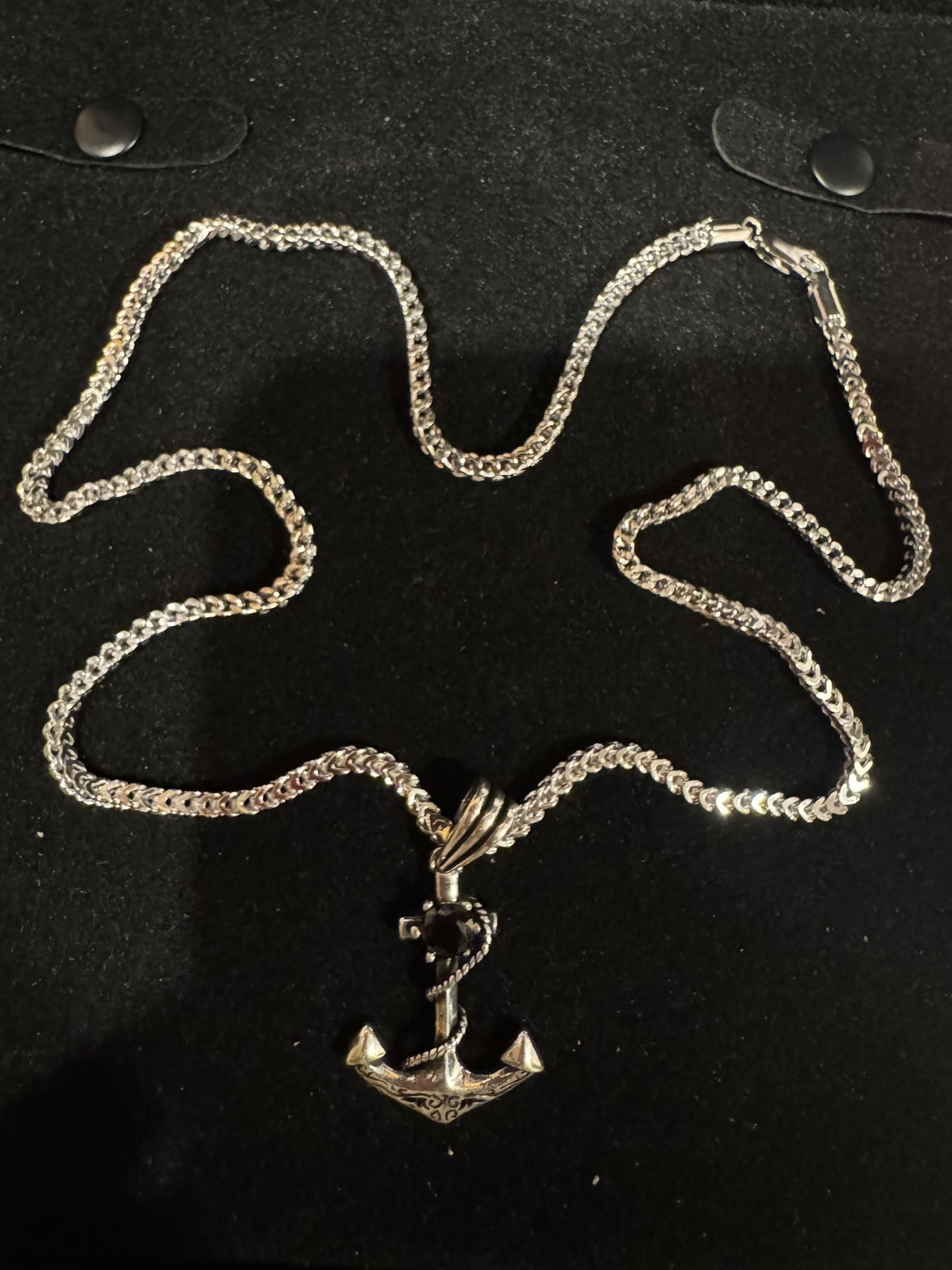 925 SILVER - 20 Inch - 2.5mm FRANCO CHAIN w 925 SILVER ANCHOR PENDANT w BLACK ONYX SOLITAIRE
