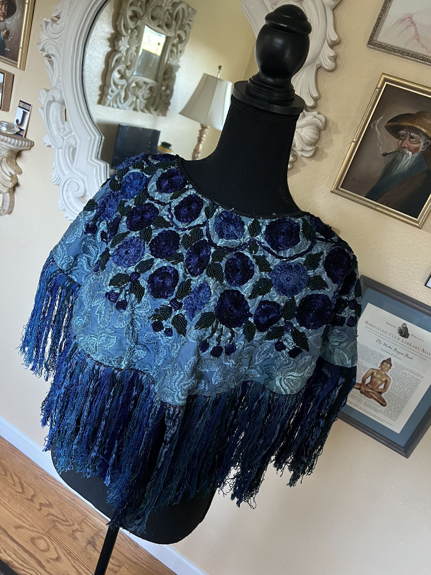 Fringe Embroidered, Mexican Pancho Cape Shoulder Cape