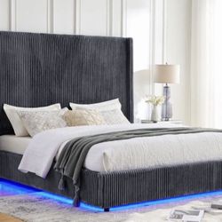 NEW IN BOX- 6FTDark Grey Platform Bed Frame King Size with LED lights