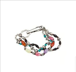 Lucky you Vintage Boho Glass Beaded three Strand Alligator Roach Clip Bracelet