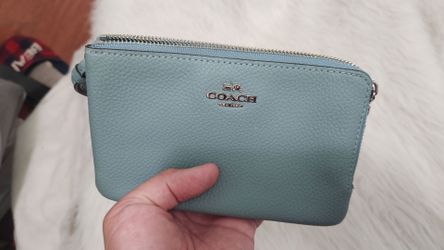Coach Double Zip Wristlet Pebbled Leather Light Teal Blue Wallet Silver