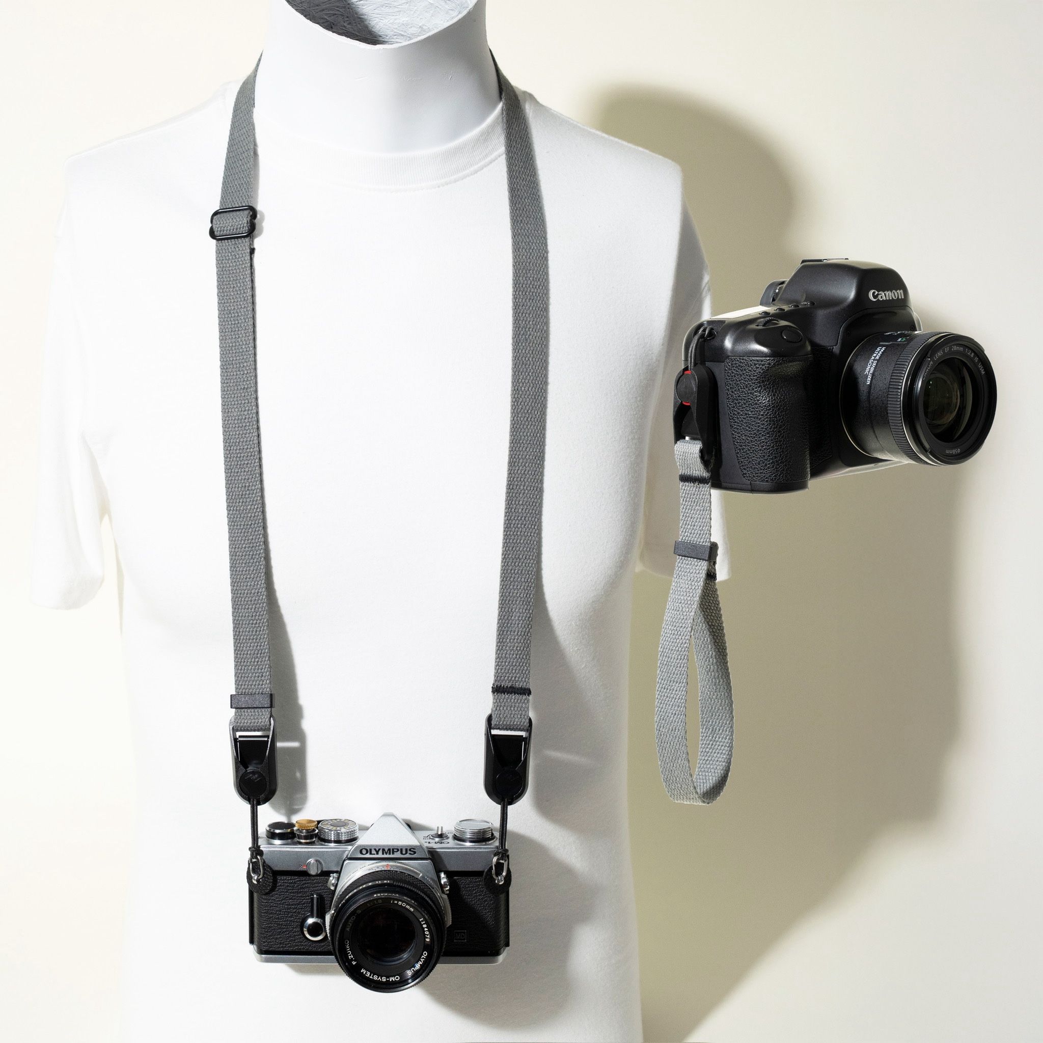 Grey Cotton Adjustable Camera Strap Combo Wrist & Neck w/ Peak Design Anchors